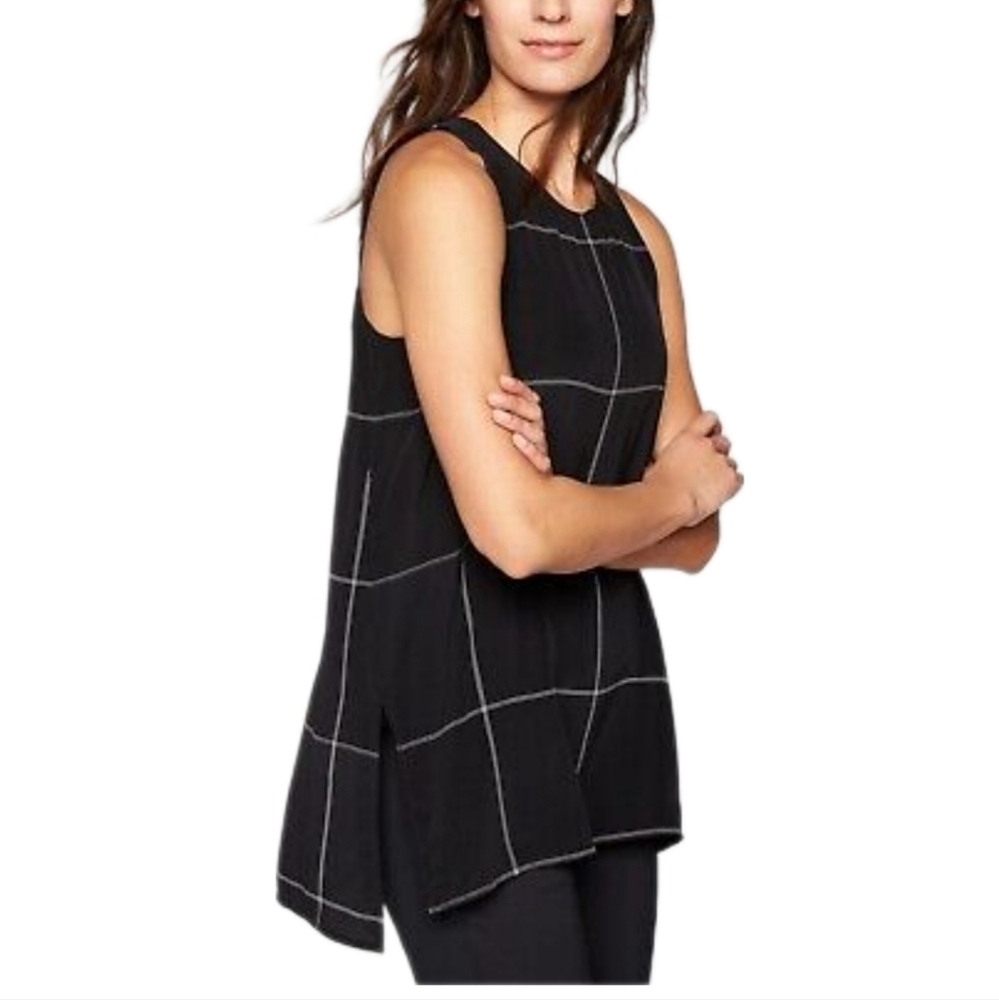 Athleta Black Windowpane Silk Side Slit Sleeveless Washable Blouse Small‎